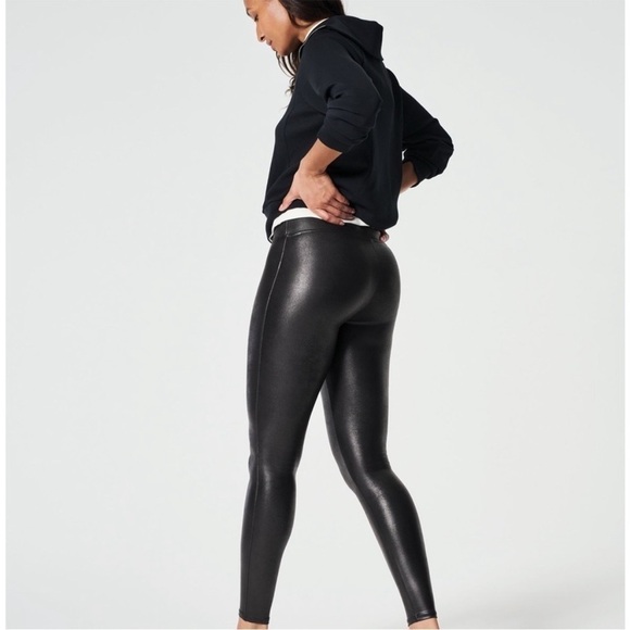 Spanx Faux Leather Shimmer Leggings High Waisted Black Large - Picture 3 of 16